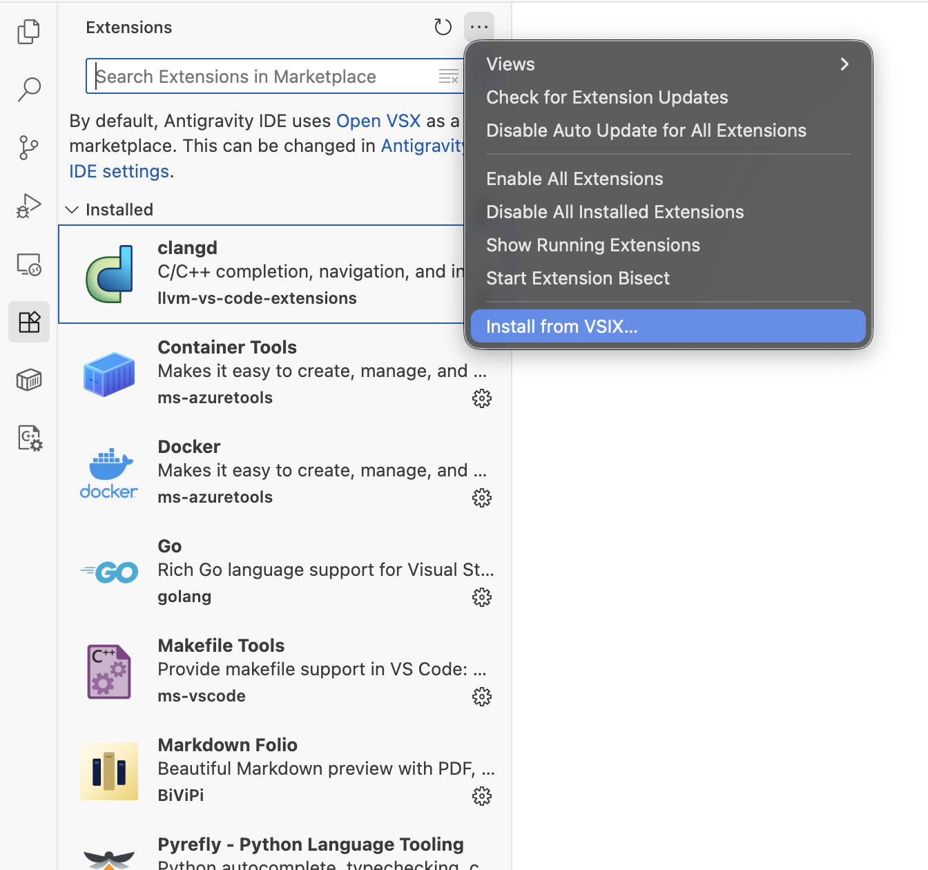 Install from VSIX in the Extensions menu