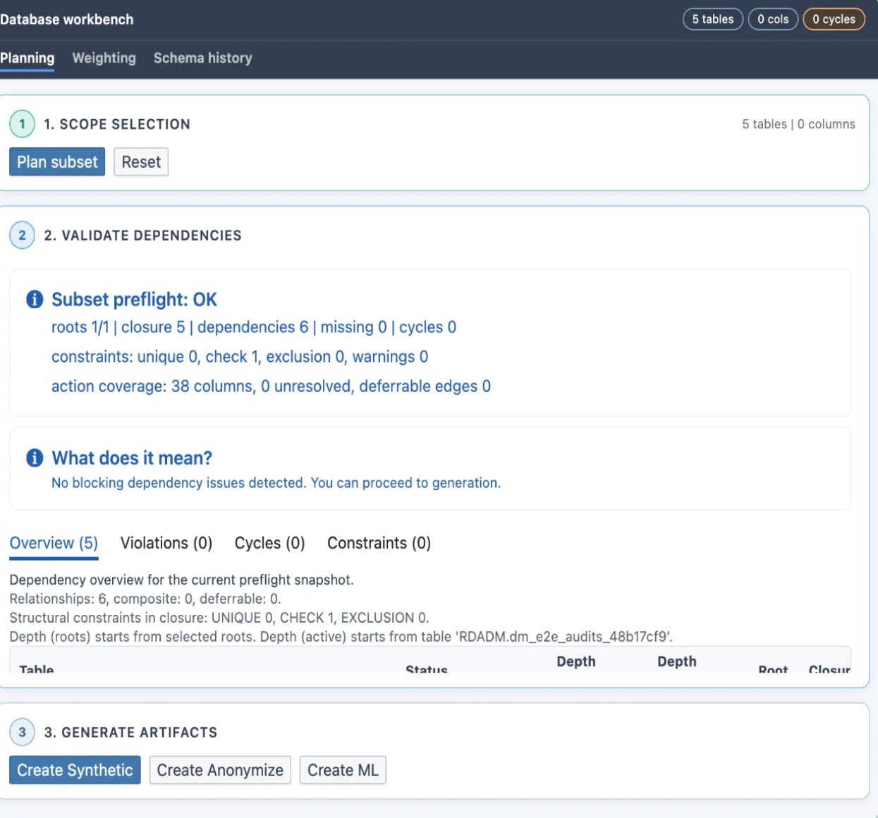 Database mode: Planning tab with subset preflight