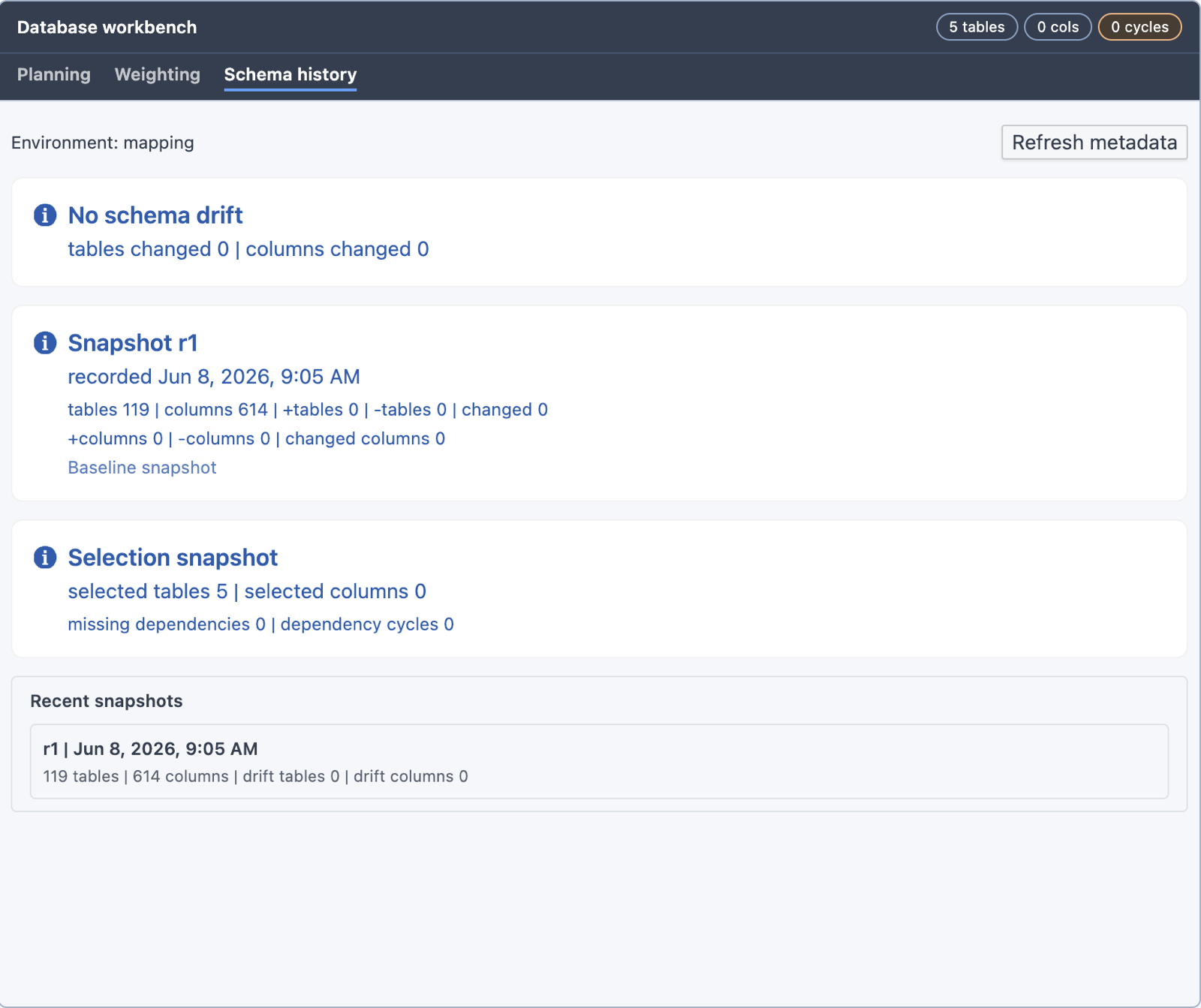 Database mode: Schema history tab