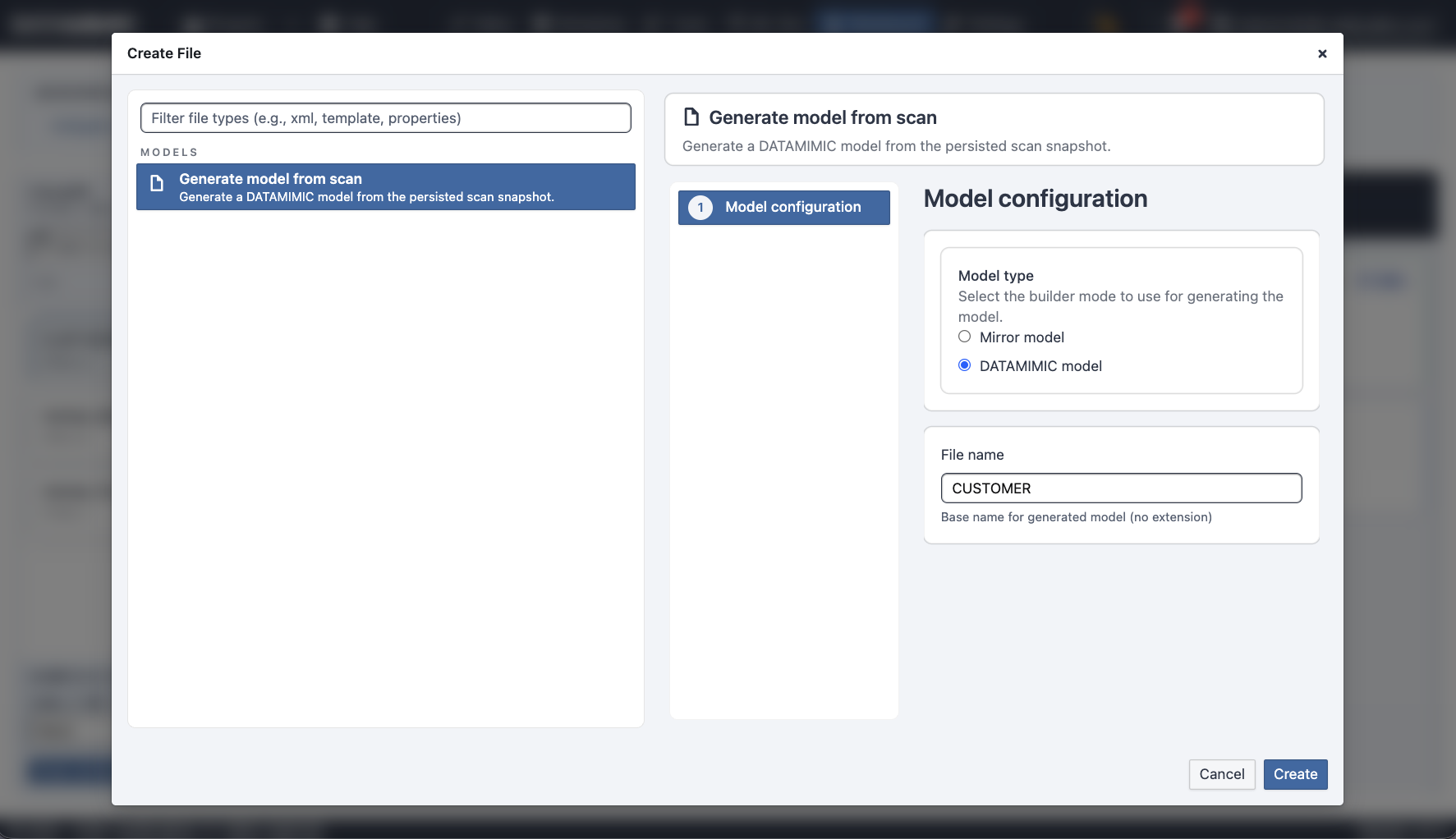 Workbench Generate model dialog