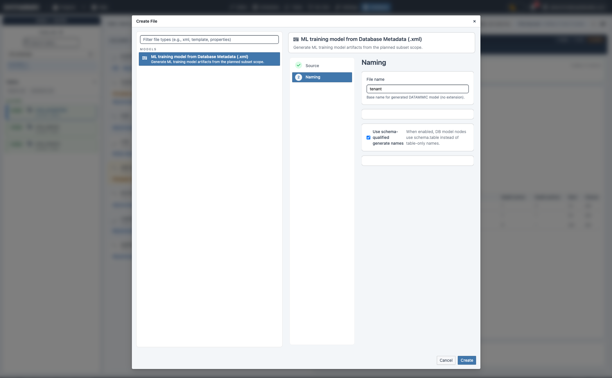 Create ML training model from database metadata