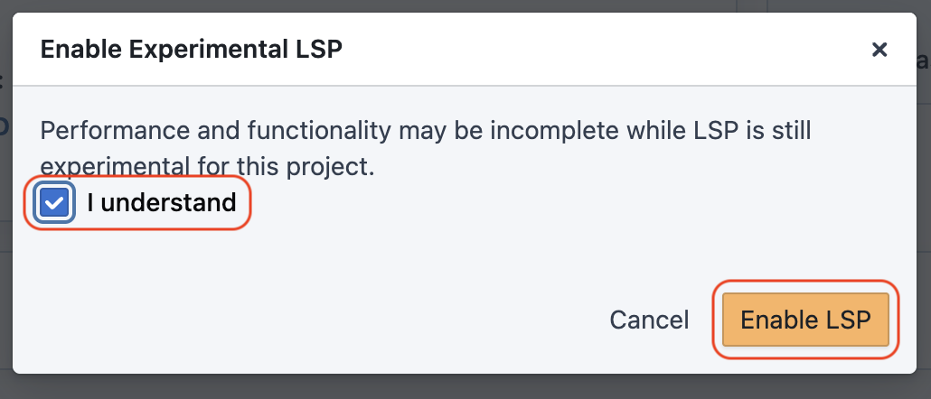 Enable Experimental LSP dialog