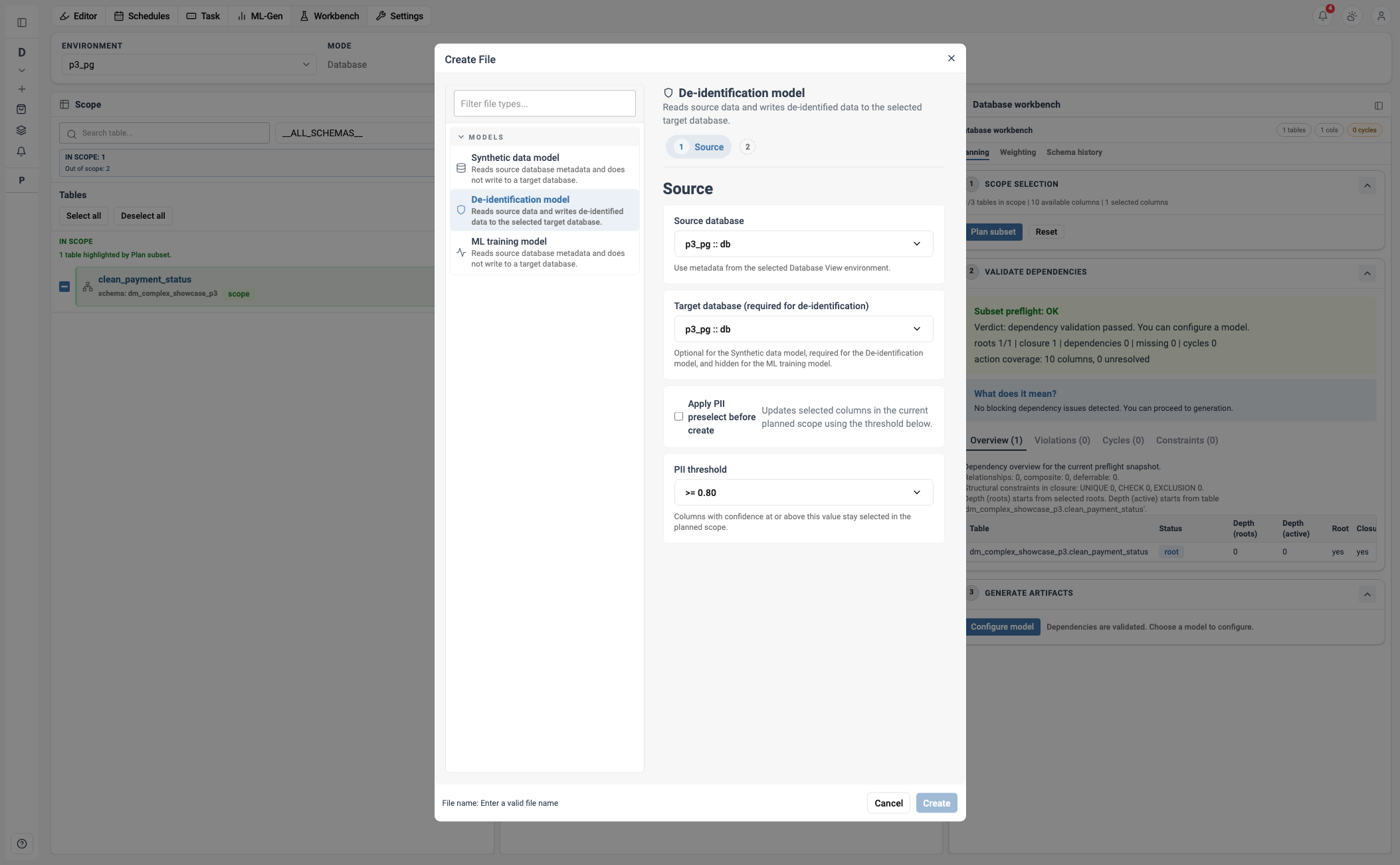 Create De-identification aus Datenbank-Metadaten