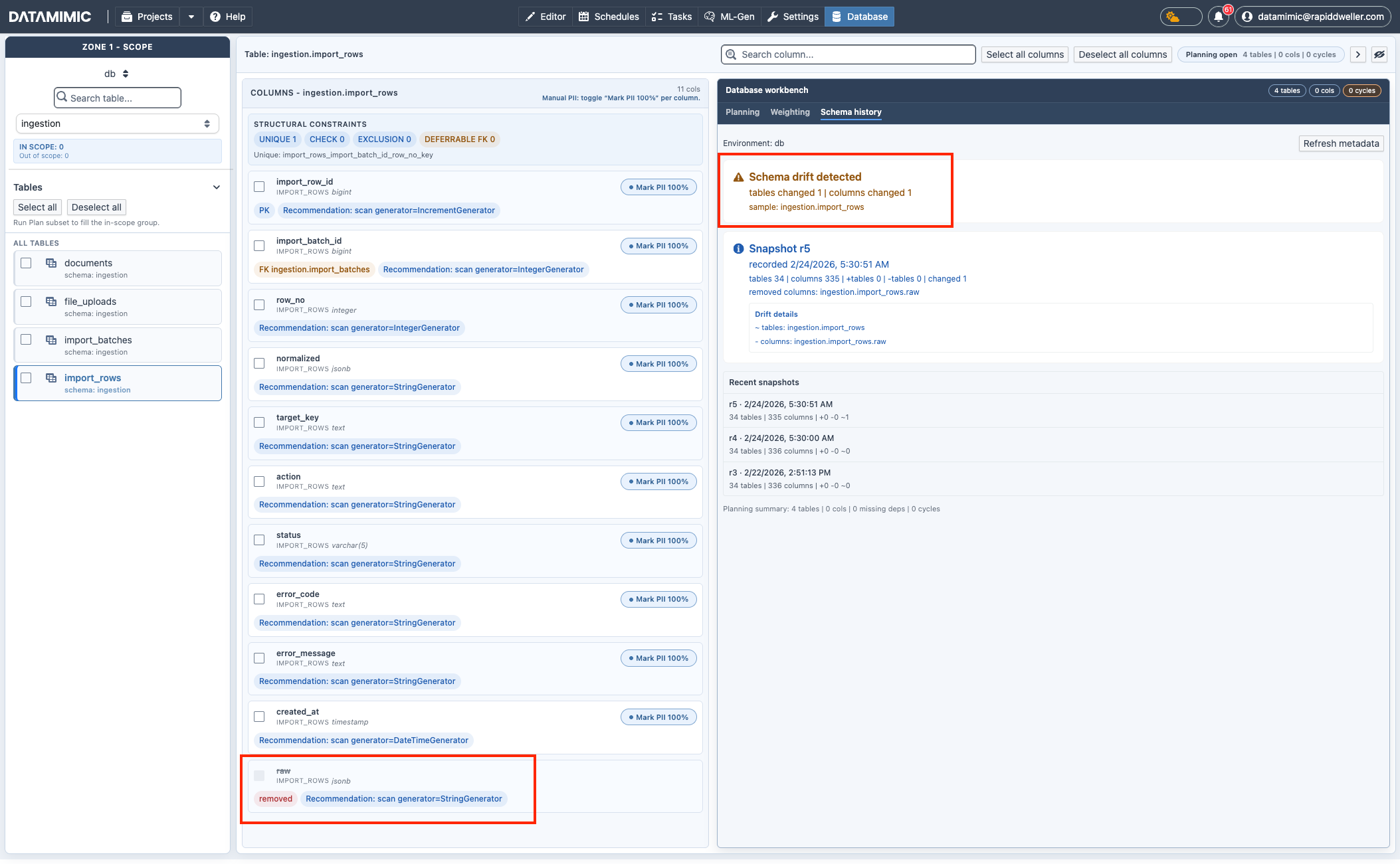 Schema history in der Database View