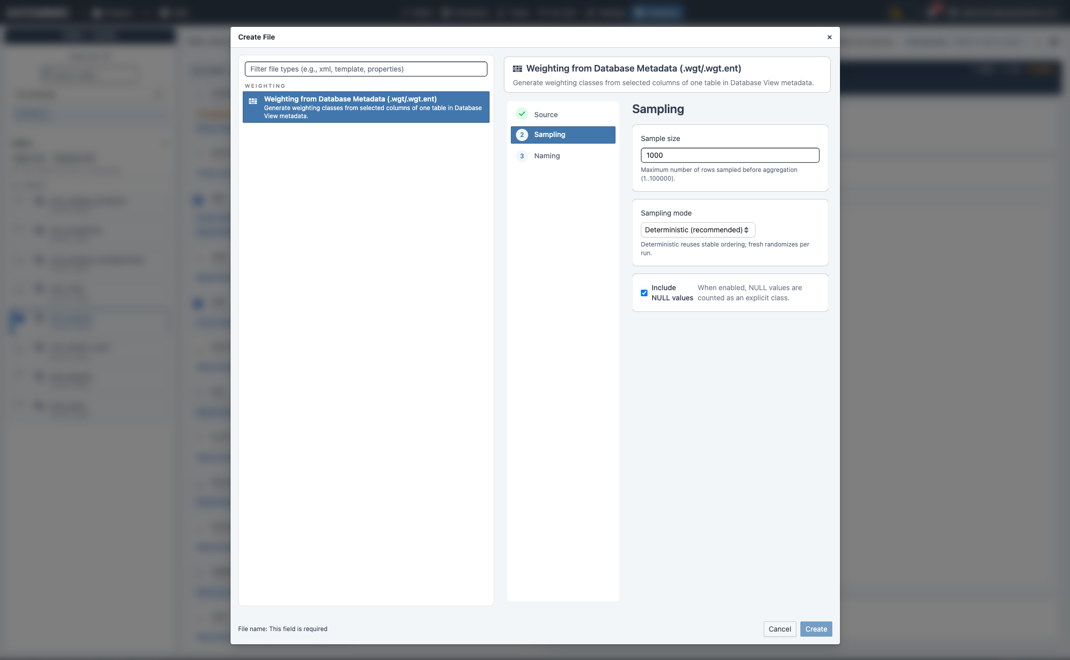 Weighting-Tab in der Database View