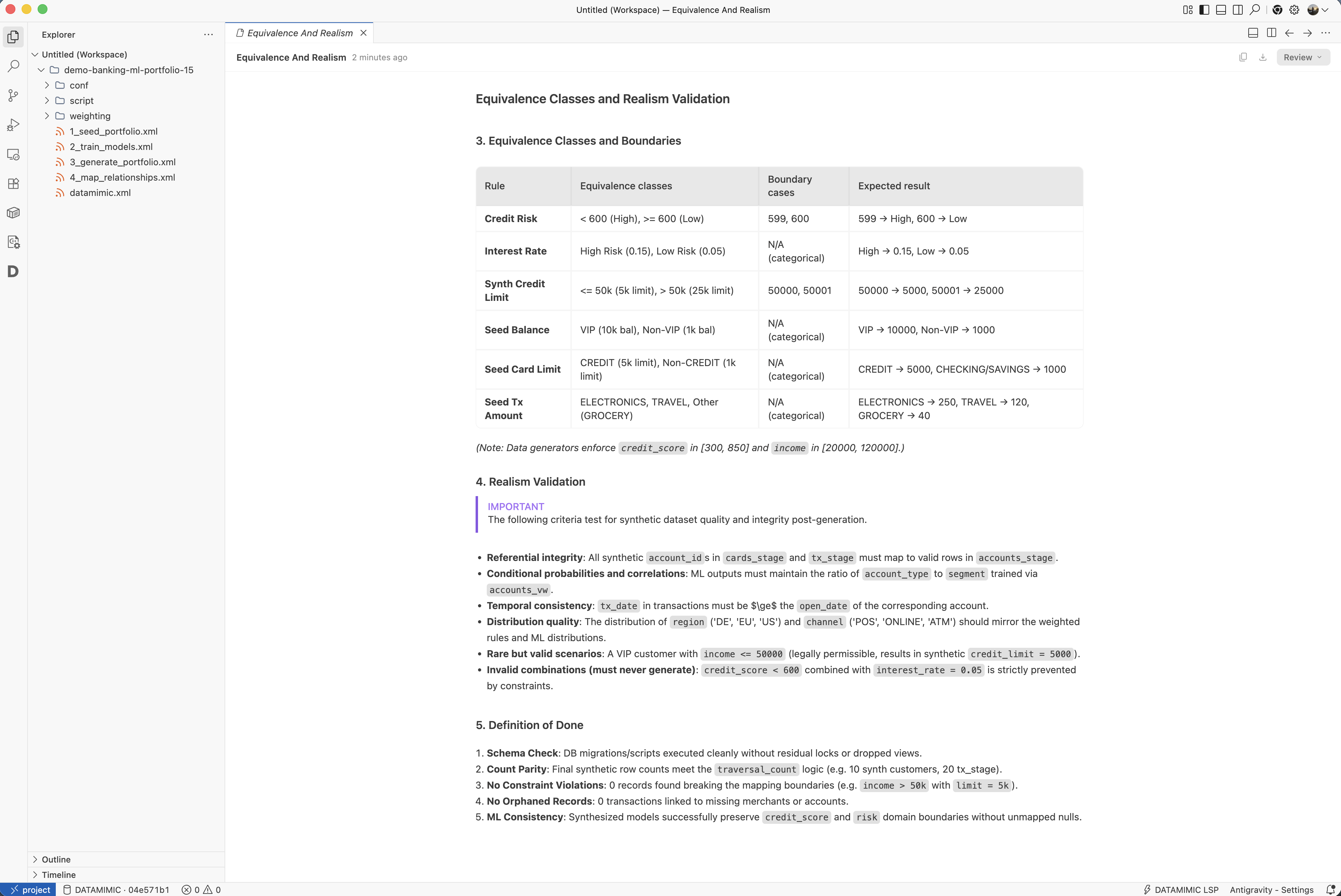 Equivalence classes and realism checks created from a DATAMIMIC project in Antigravity