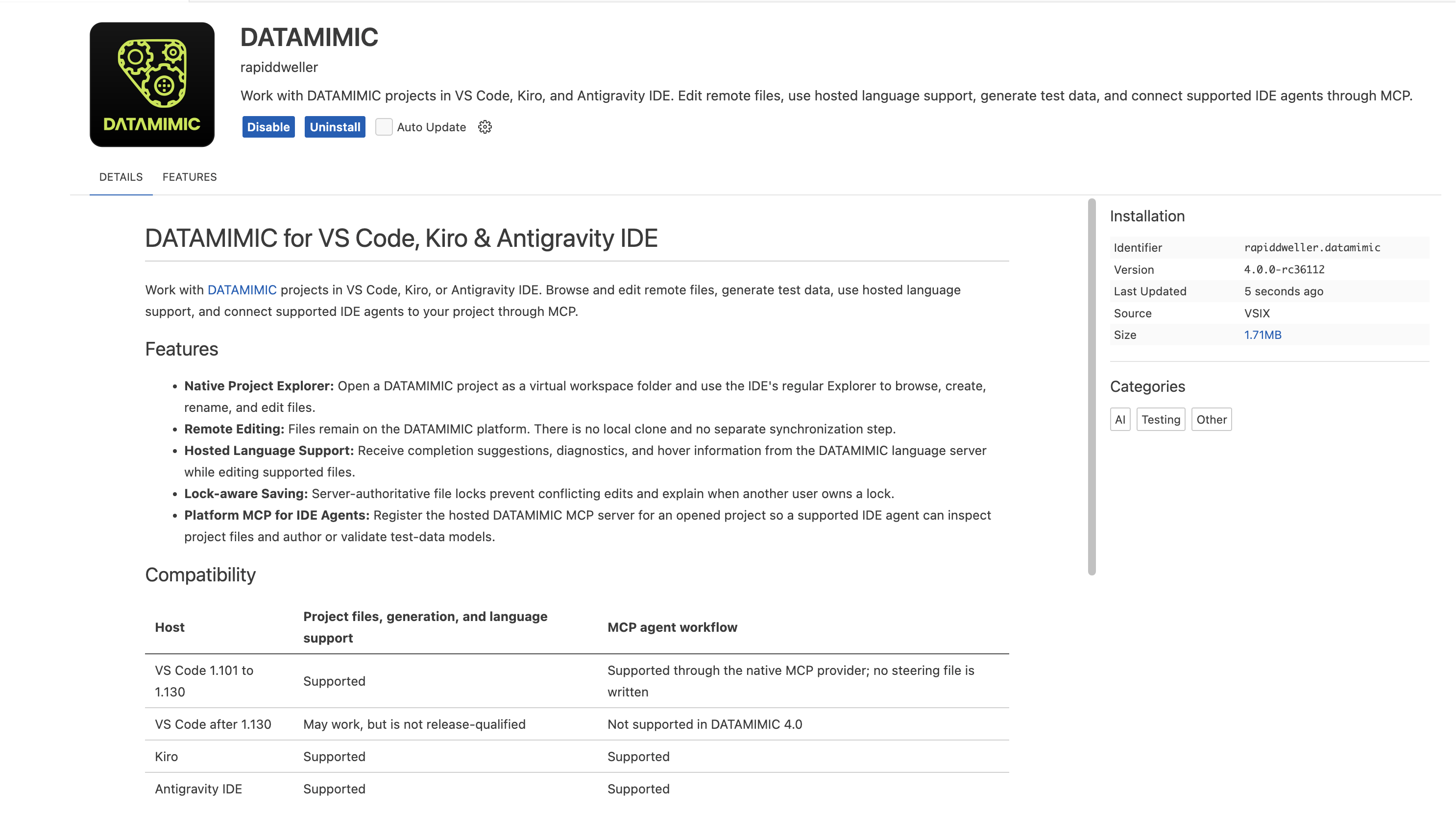 Installed DATAMIMIC extension details