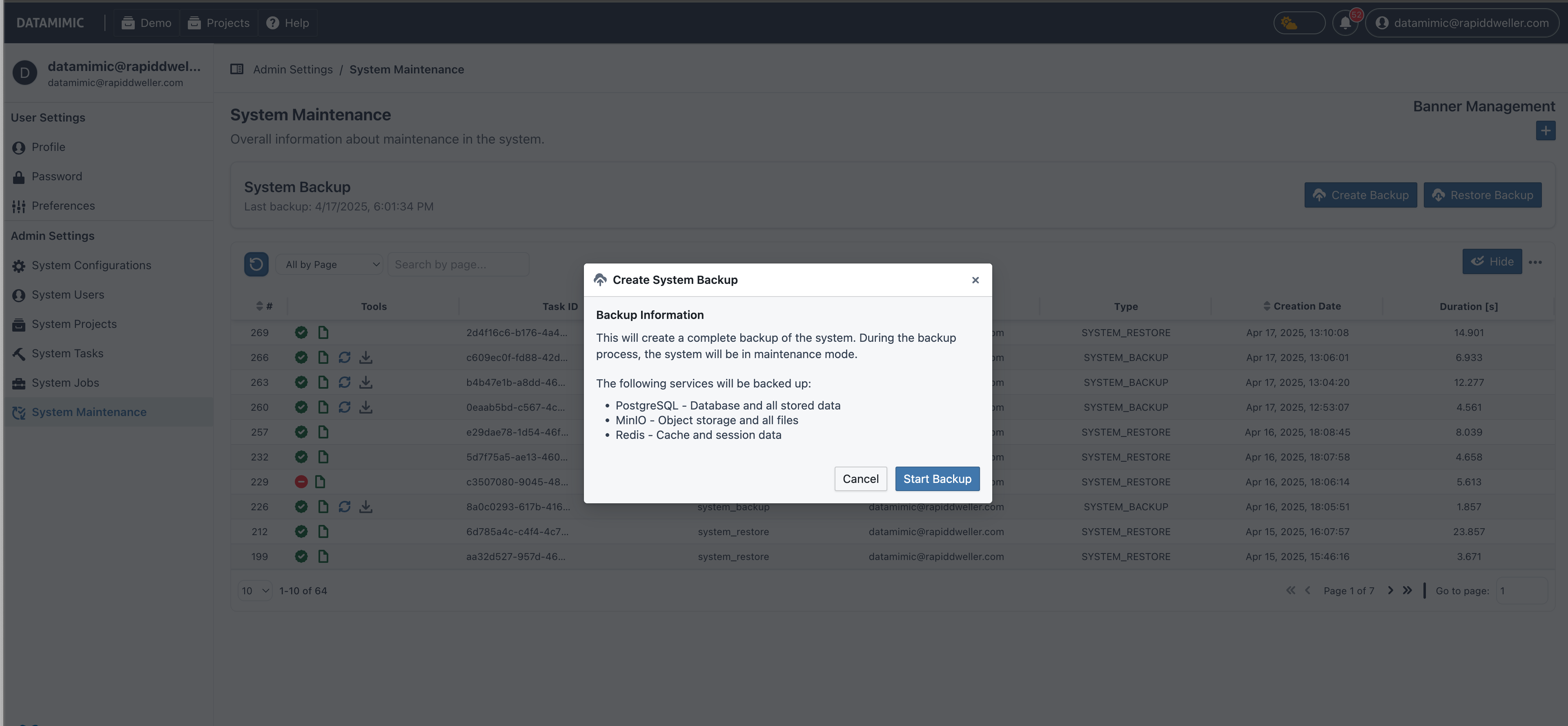 Create backup dialog