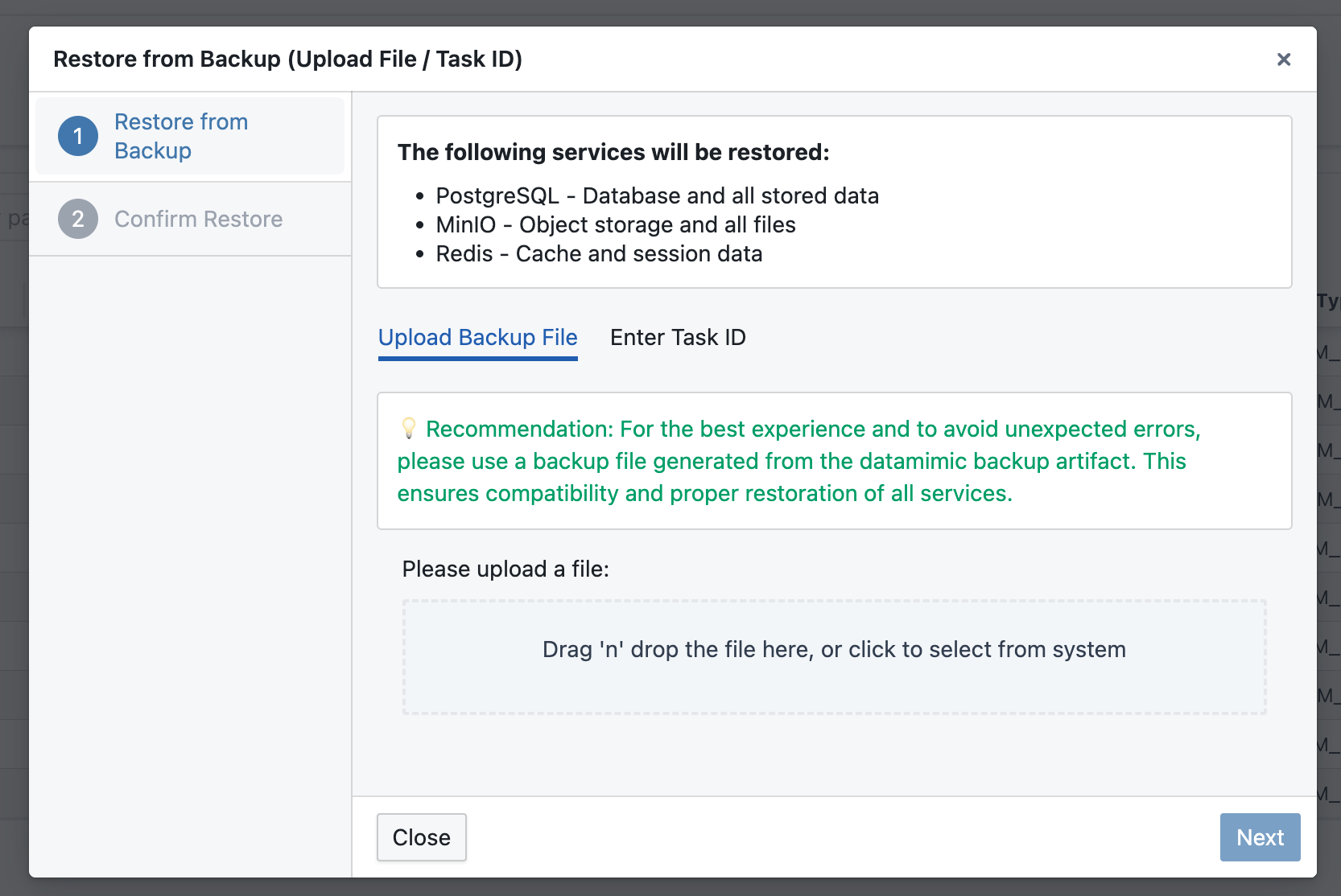Restore system from upload file