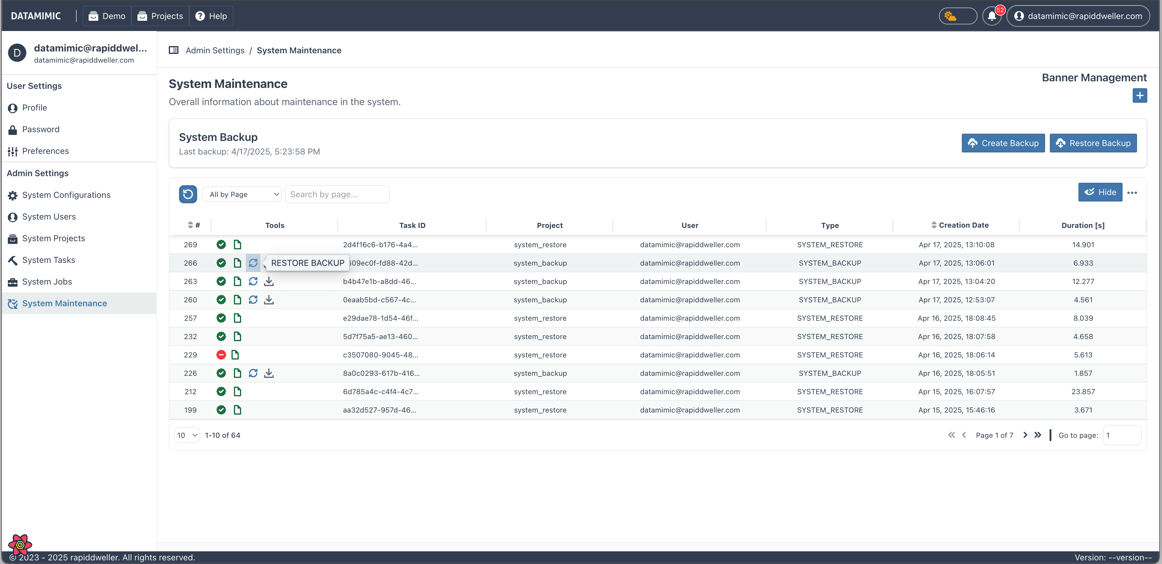 Restore system with existing backup task